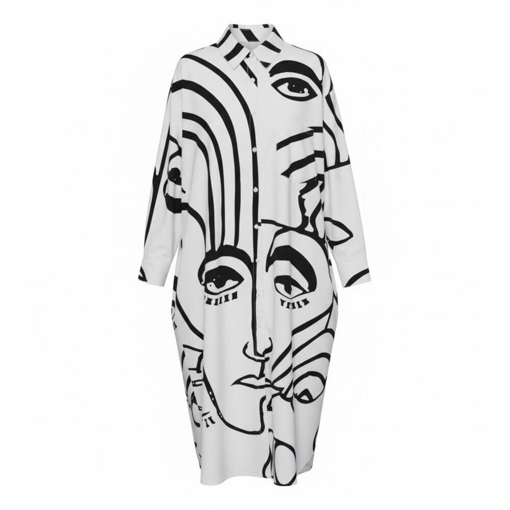 Cacia 3X Abstract Face Print Shirt Dress Black White